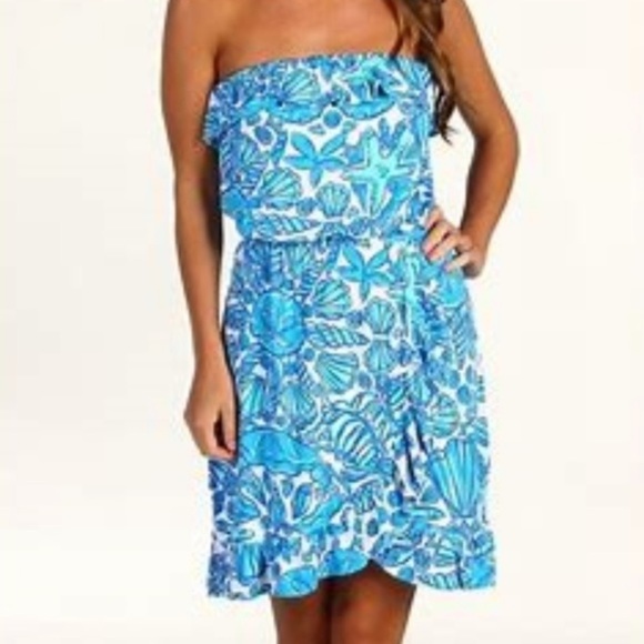 Lilly Pulitzer Strapless Ruffe Dress in Flor Shorely Blue Sailors Valentine - S - Picture 2 of 14